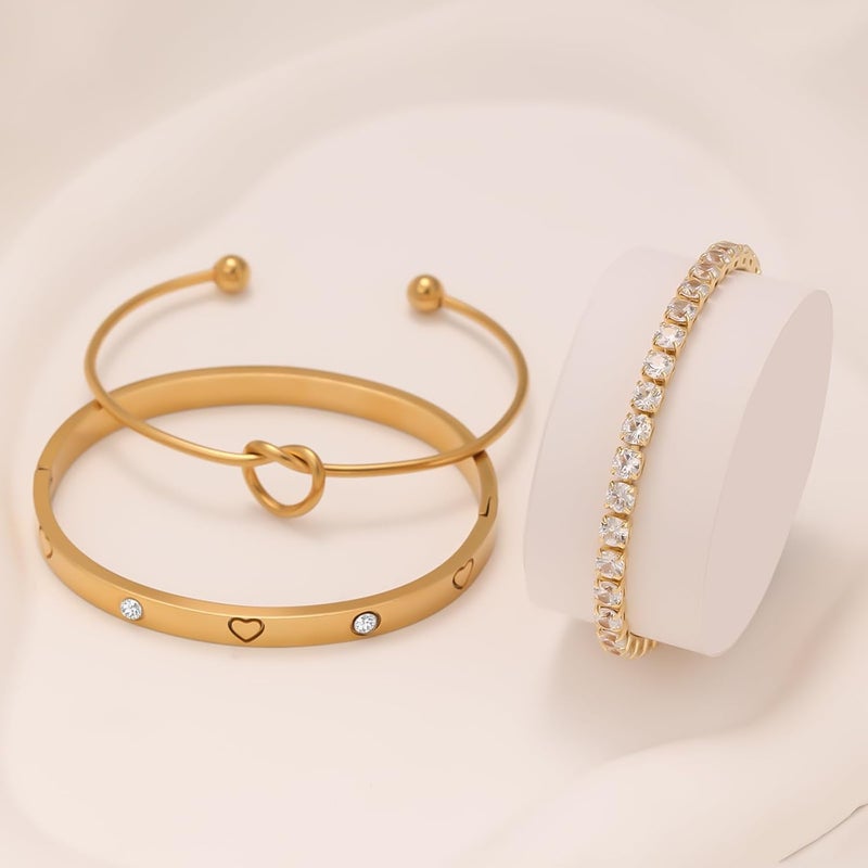 FAFUGA 18 K Gold Plated Love Bangle Bracelet Stack Cuff Jewelry for Women Jewelry Set for Women Gift with Box - Image 3